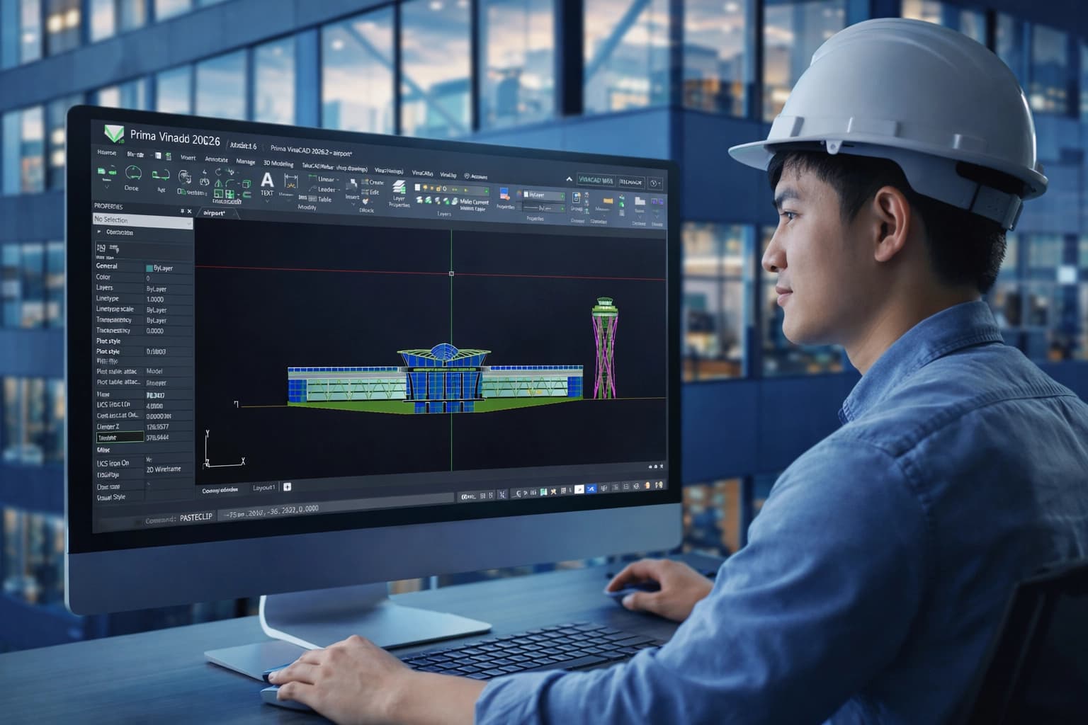 Kỹ sư làm việc với phần mềm thiết kế CAD/BIM trên màn hình — VinaCDE phục vụ đội ngũ hiện trường và văn phòng kỹ thuật